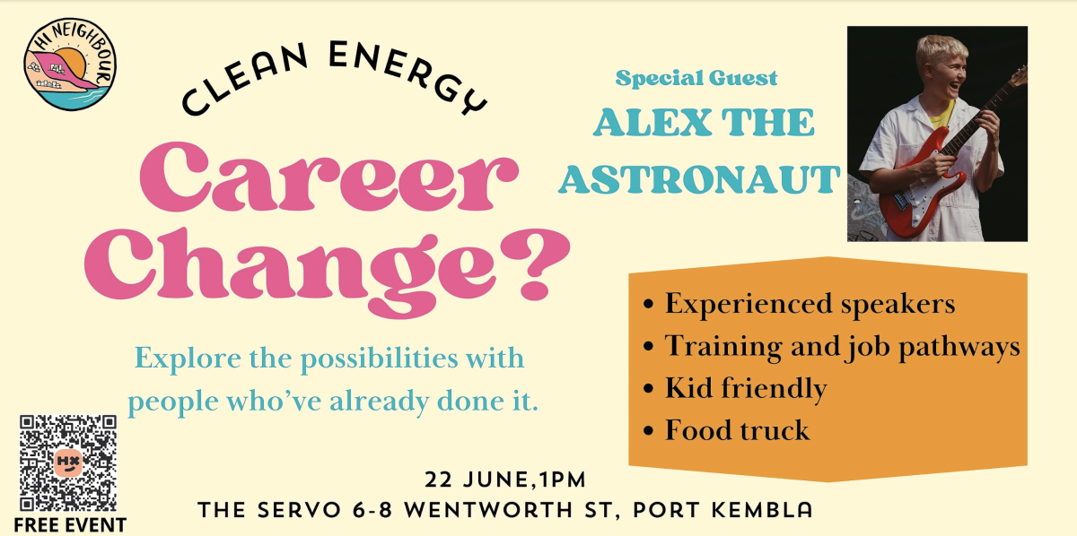 Banner for clean energy career change event by Hi Neighbour